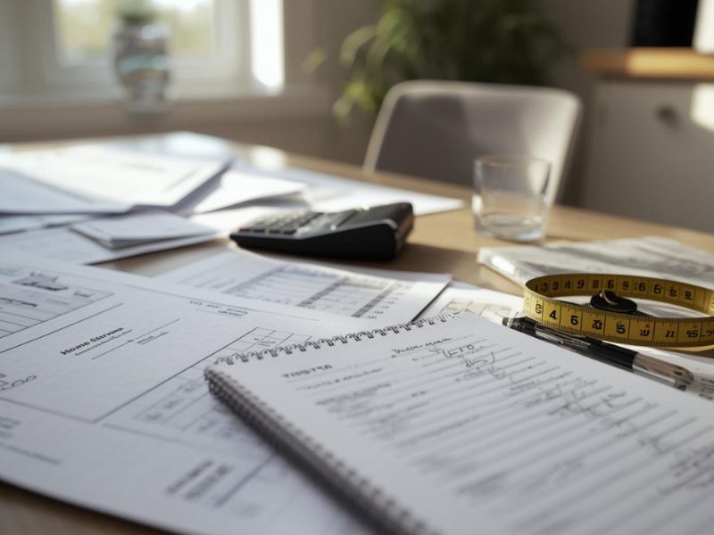 Home renovation budget planning with paperwork, calculator, and measuring tape on a table in a residential interior.