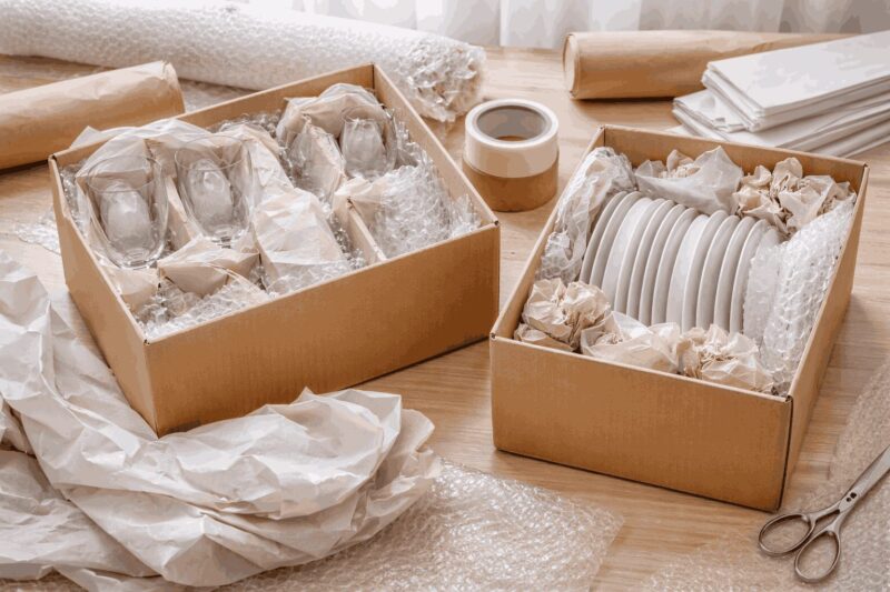 Two sturdy cardboard boxes packed with fragile kitchenware, including upright wrapped wine glasses and vertically arranged ceramic plates, secured with bubble wrap