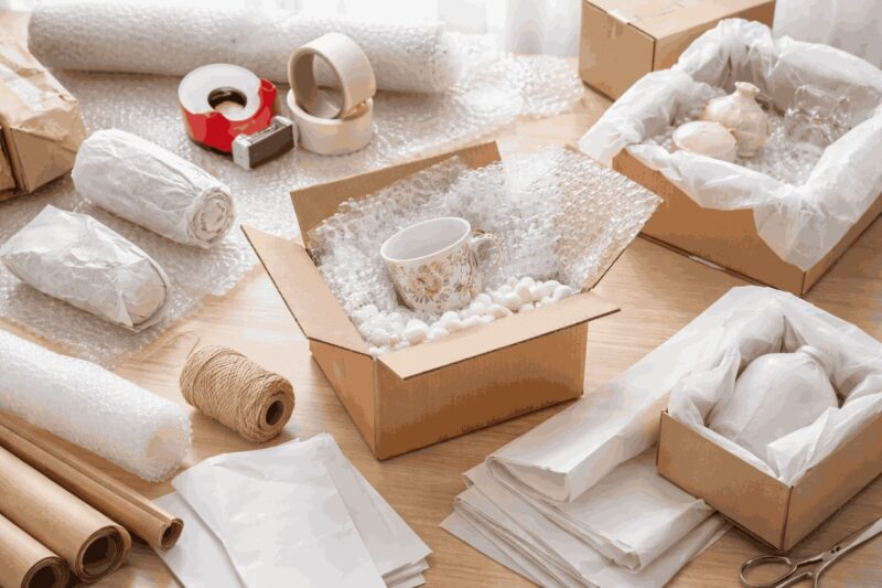 Open cardboard box filled with packing peanuts and bubble wrap, holding a carefully wrapped porcelain cup, surrounded by packing pape