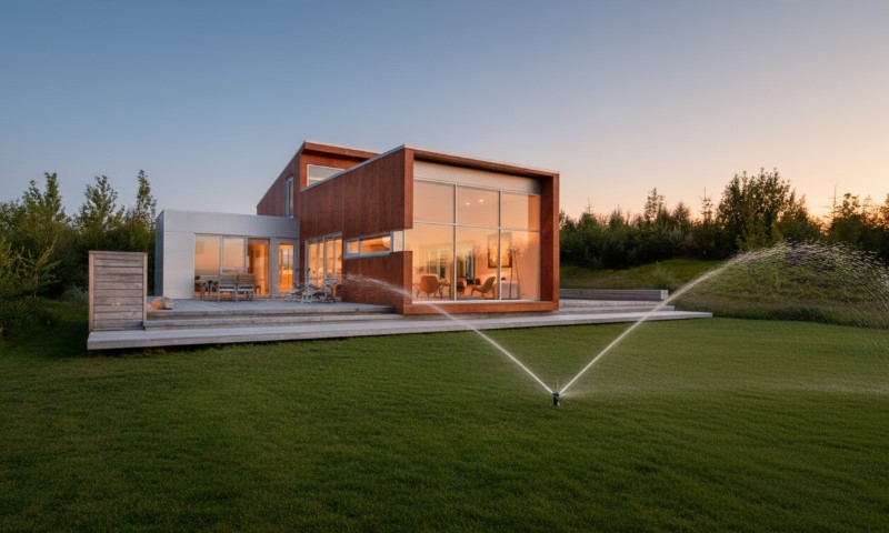 Modern house with large glass windows at sunset, surrounded by lush greenery. Sprinklers water the expansive lawn