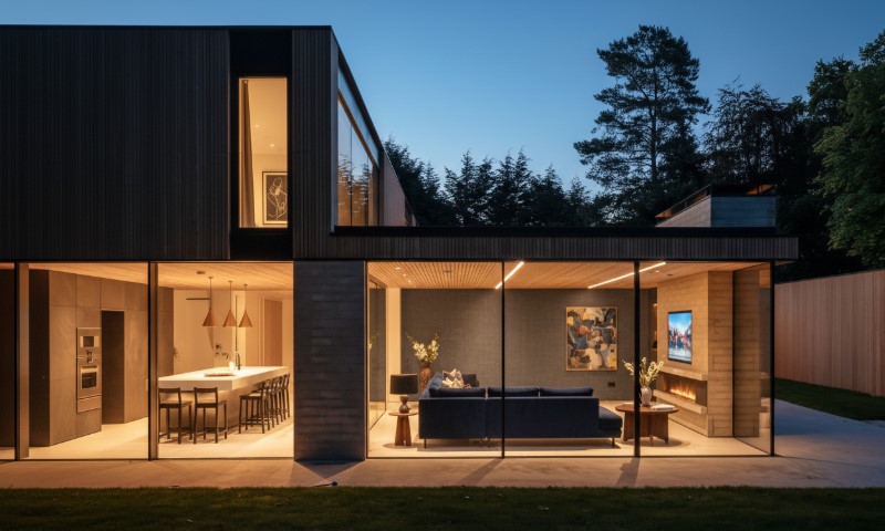 Modern house at dusk with large glass windows revealing a warmly lit interior