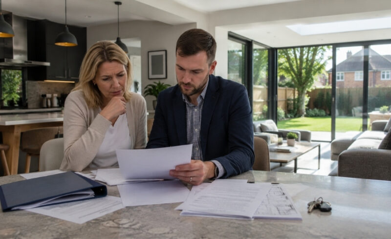 Homeowner and property professional reviewing documents inside a completed home extension.