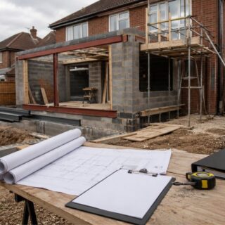 Modern British house undergoing a rear extension, with architectural plans, measuring tools and construction paperwork in the foreground.