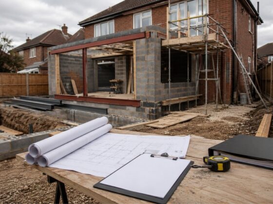 Modern British house undergoing a rear extension, with architectural plans, measuring tools and construction paperwork in the foreground.