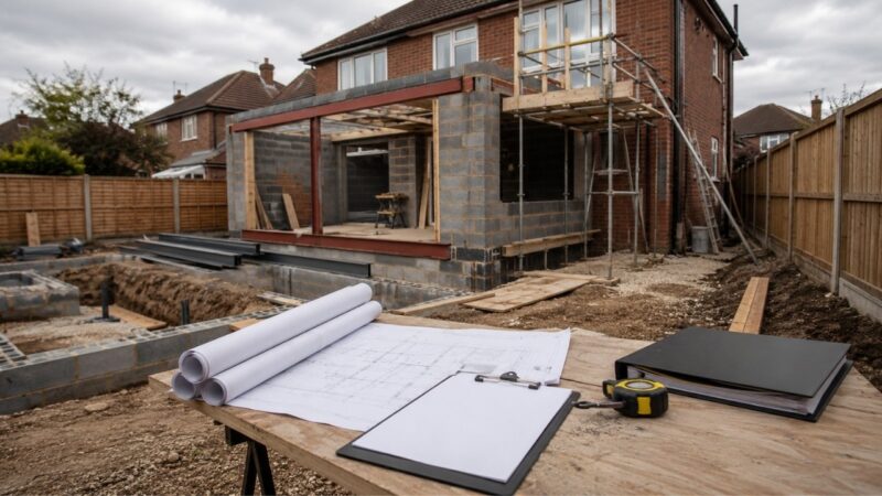 Modern British house undergoing a rear extension, with architectural plans, measuring tools and construction paperwork in the foreground.