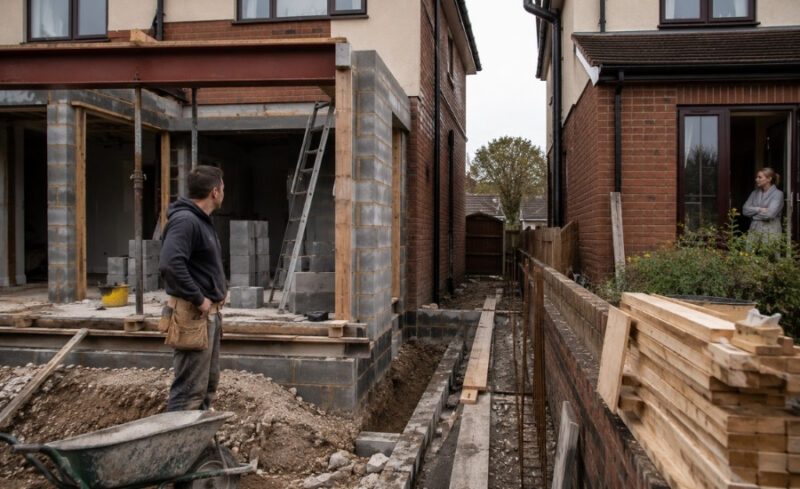 Builder beside a home extension near a shared boundary while a neighbour watches from the adjoining property.