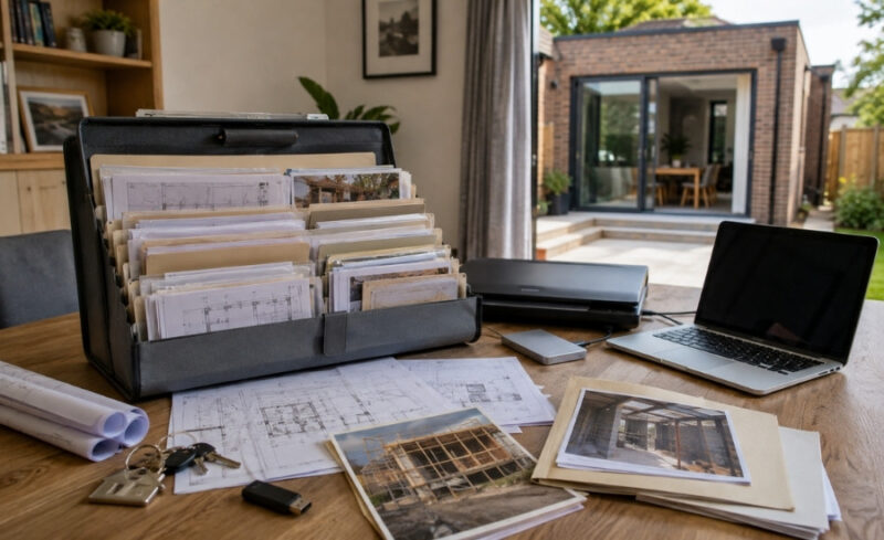 Organised home extension paperwork, architectural plans and digital backups arranged beside a completed British extension.